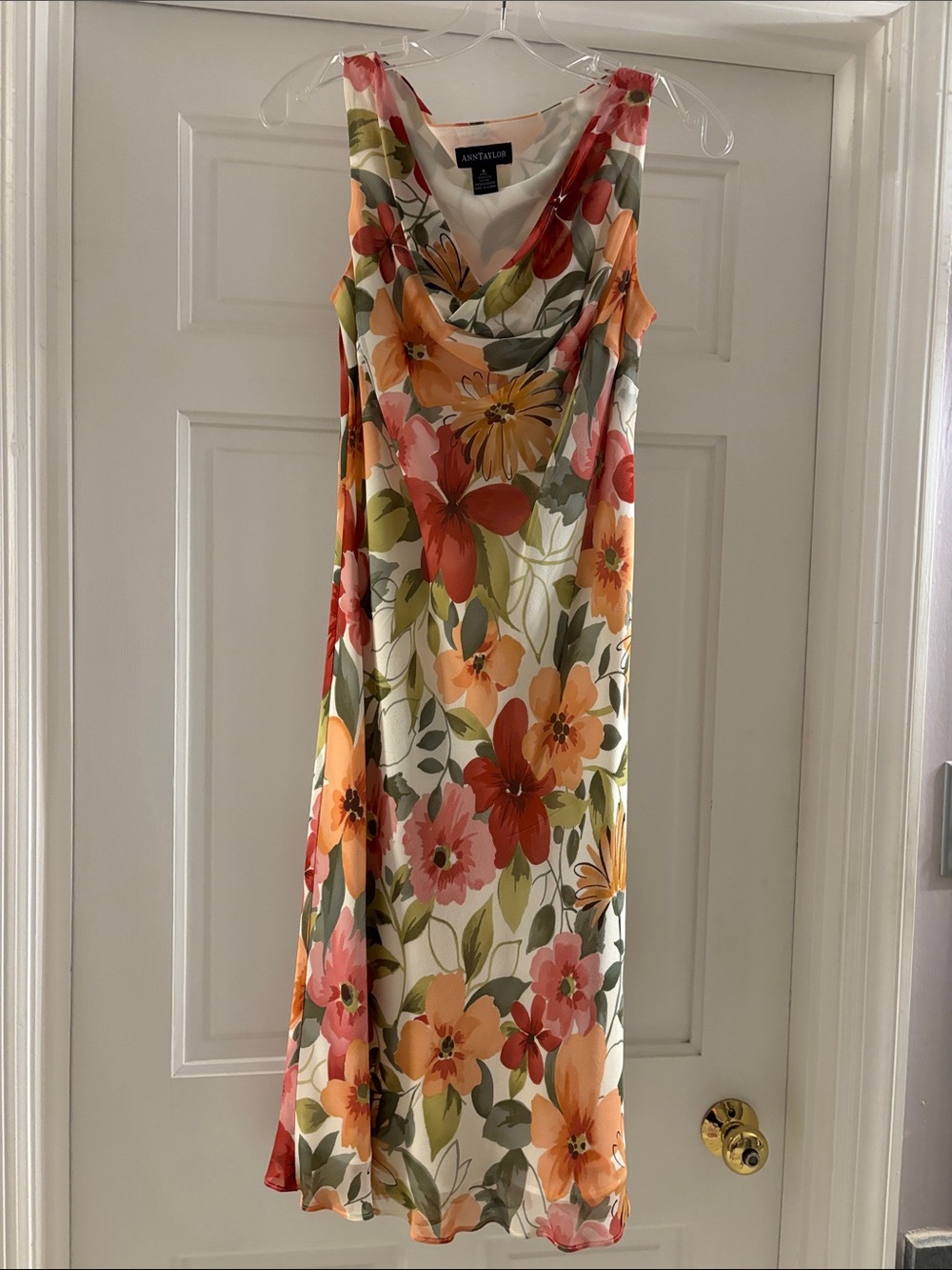 Anne Klein Floral Cowl Neck Maxi Dress in Orange, Pink and Green